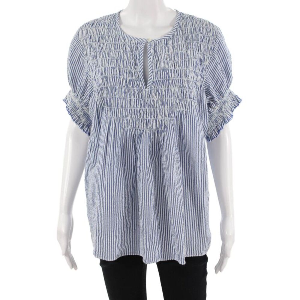 Rungolee Womens Tunic Blouse Blue Striped Round Neck Short Sleeve Size M